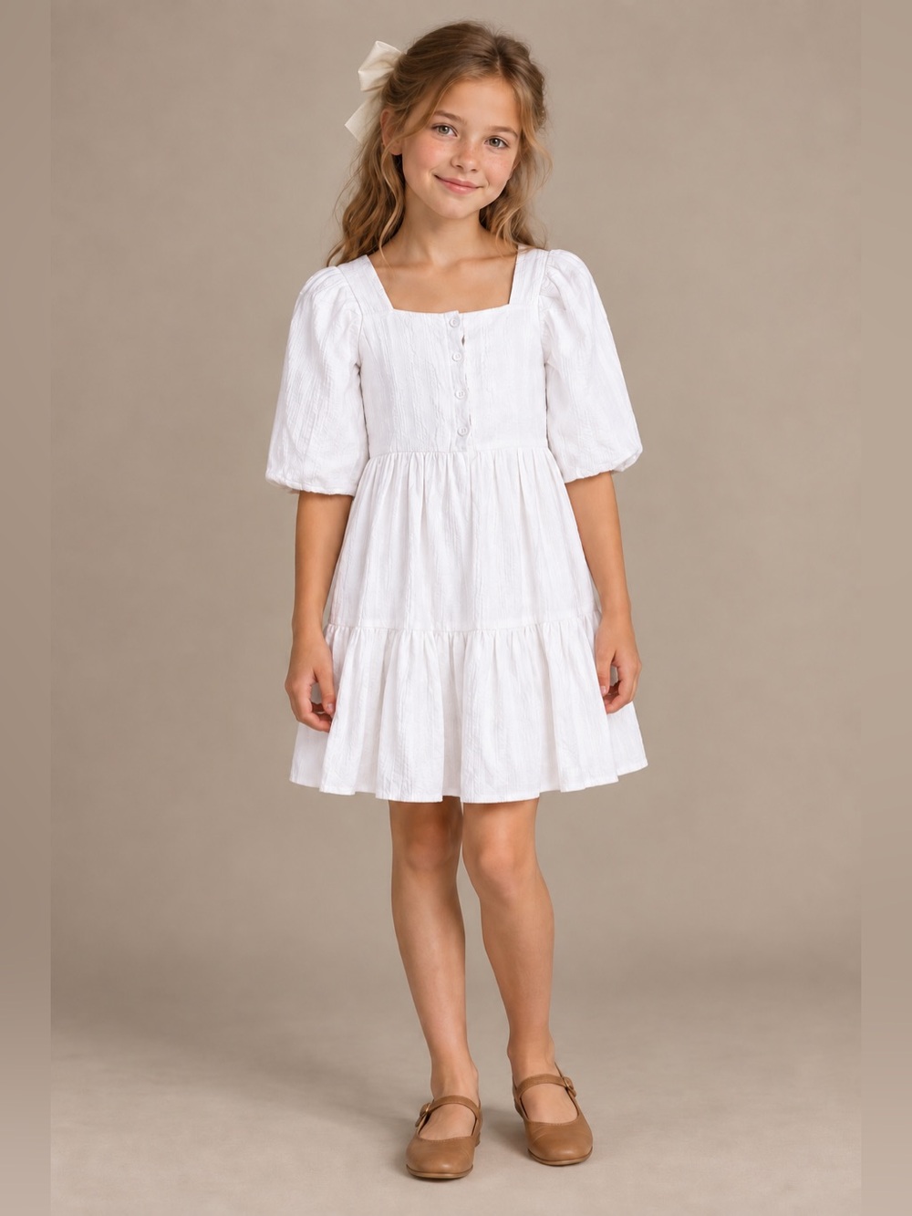 Hayden Girls White Textured Cotton Tiered Peasant Dress Size L